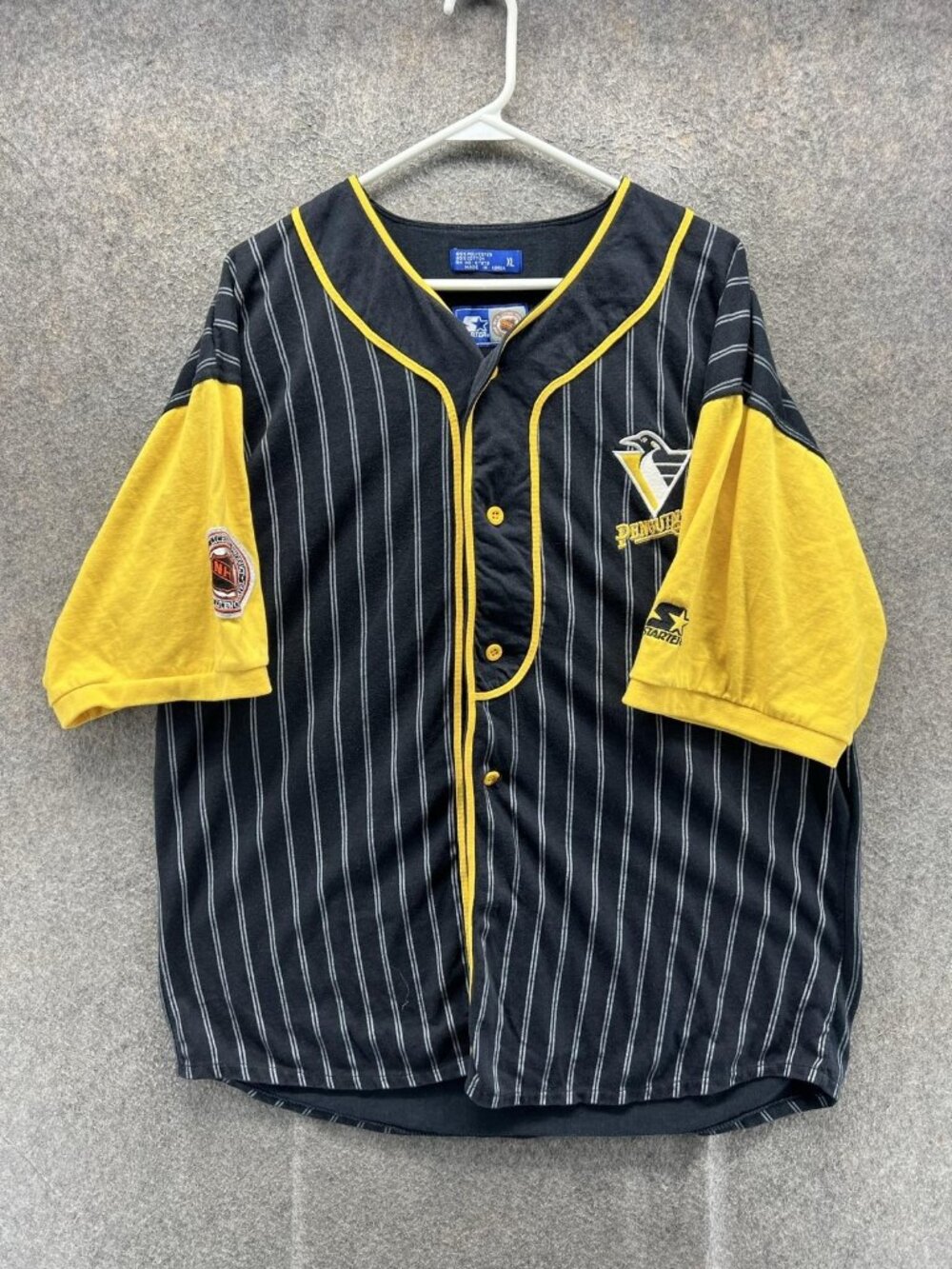 Vintage Pittsburgh Penguins Jersey Mens XL Black NHL Hockey Starter Pinstripe